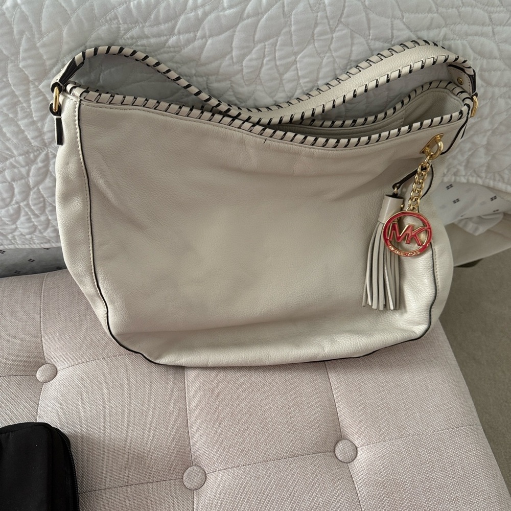 Michael Kors Cream Leather Hobo Shoulder Bag with Tassel Charm